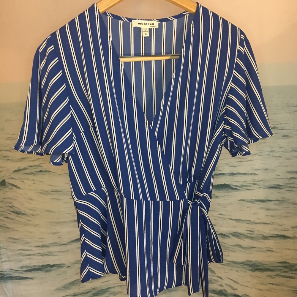 Blue peplum striped wrap blouse
